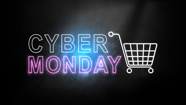 Cyber Monday neon sign advertisement banner with a shopping cart on a dark textured background, concept for online shopping, retail sales, and discount events. Concept of Cyber Monday Sale