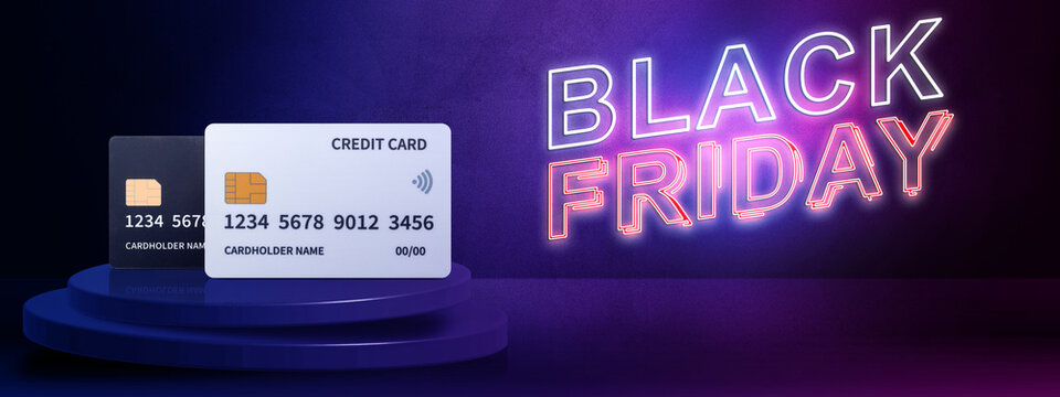 Black Friday banner with credit cards on a podium against a dark purple background with glowing neon text. Concept of Black Friday Sale