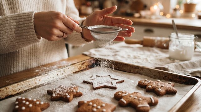 Woman dusting powdered sugar with a sieve on homemade Christmas cookies and gingerbread stars
