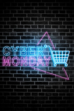 Neon sign for Cyber Monday sale with a shopping cart on a dark brick wall background. Ideal for e-commerce, retail discount, and online shopping promotions. Concept of Cyber Monday Sale