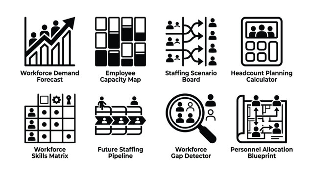 Workforce Planning Icons: A collection of stylized icons illustrating key aspects of workforce planning, including forecasting, capacity, staffing, and allocation, presented on a plain background.