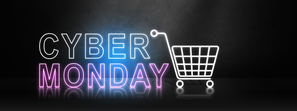 Cyber Monday neon sign advertisement banner with a shopping cart on a dark textured background, concept for online shopping, retail sales, and discount events. Concept of Cyber Monday Sale