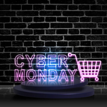 A Cyber Monday neon sign glowing against a dark brick wall, with a shopping cart icon and podium stages for promotional product display. Concept of Cyber Monday Sale
