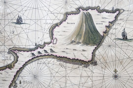 Atlas Maritimus, Stratovolcano Beerenberg or B&auml;renberg, Jan Mayen, detail Insulae Johannis Mayen nova descriptio, hand-coloured copper engraving by J. Janssonius, 1650 from