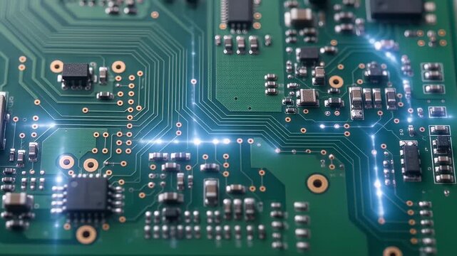 Technology - Close up of green circuit board with glowing electrical signals moving along electronic traces and microchips