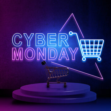 Cyber Monday sale concept with neon sign, shopping cart, and purple podium against a dark background. Concept of Cyber Monday Sale
