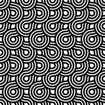Seamless pattern of black circles and wavey interlocking lines