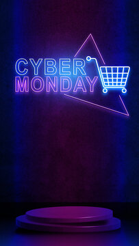 Cyber Monday sale concept with neon sign, shopping cart, and podium on a dark purple textured background. Concept of Cyber Monday Sale