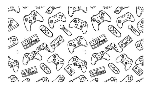 Hand Drawn Video Game Controller Seamless Pattern Vector