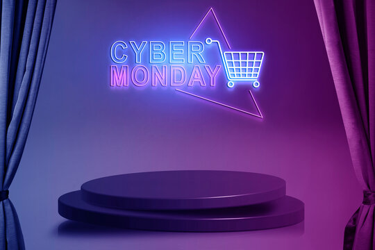 Cyber Monday sale neon sign on a purple wall with a podium for product display, framed by curtains. Concept of Cyber Monday Sale
