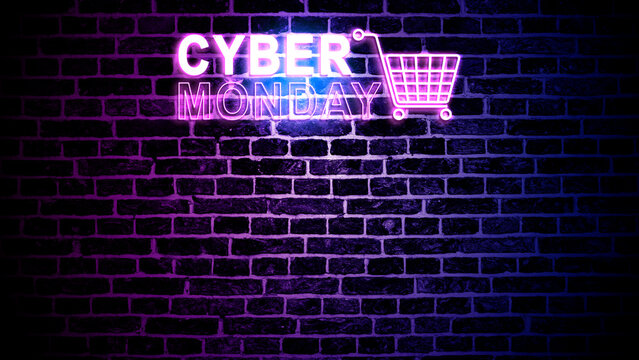 Neon sign spelling Cyber Monday with a shopping cart icon, glowing in pink and blue light on a dark brick wall background. Concept of Cyber Monday Sale