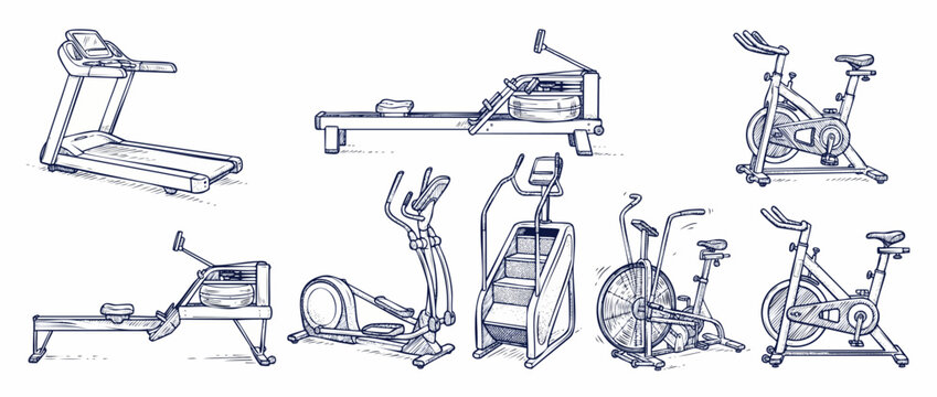 Cardio gym equipment vector set with treadmill exercise bike rowing machine elliptical stair climber hand drawn sketch line art illustration isolated on white background for workout fitness design