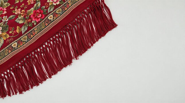 Decorative red shawl with floral pattern and fringe details  