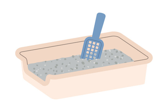 cat litter box with a scoop, pet toilet, cat hygiene, cleaning and everyday pet care, suitable for pet shop, veterinary and animal care designs - vector illustration