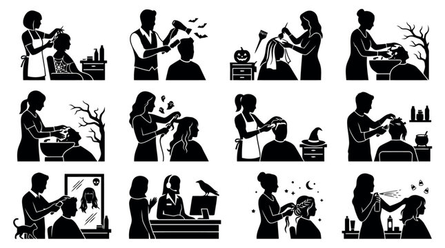 Set of halloween hairdresser and beauty salon icons, silhouettes of stylists cutting, dyeing, and styling hair with spooky elements