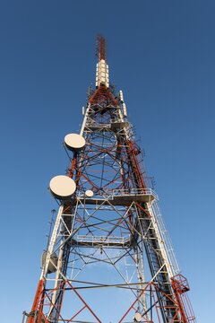 Radio tower with radio dishes and antennas, Mount Cargill, Otago, New Zealand