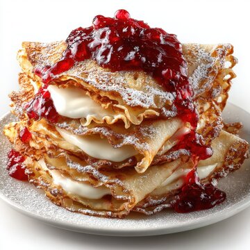 Russian Maslenitsa pancake stack with jam, isolated