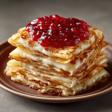 Russian Maslenitsa pancake stack with jam, isolated