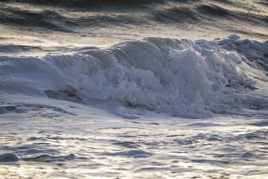 Surf, breaking wave with spray, Sorteb&aelig;rdalen Strand, Houvig, North Sea, Denmark