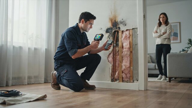 Home inspector checking damaged wall with digital meter while homeowner watches, water damage assessment, moisture testing, renovation and property inspection.