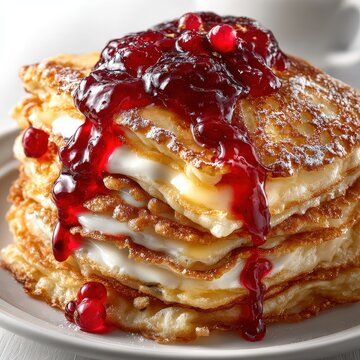 Russian Maslenitsa pancake stack with jam, isolated