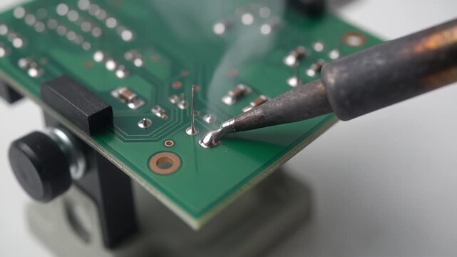 Technology - Close up of a technician soldering components on a green printed circuit board with a soldering iron