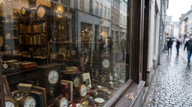 Vintage clock shop window display featuring various antique clocks and books, with reflections of pedestrians walking on a cobblestone street in a European city, for antique and vintage shop themes