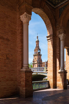 One of the two towers of the Plaza de Espana, captured on a sunny day, located in Seville, Spain