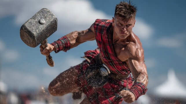 Scottish Highland Games athlete throwing hammer, dynamic pose