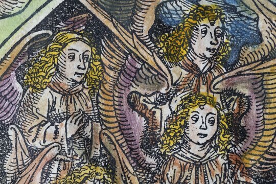 Angel, angel choir old coloured woodcut from: Schedel'sche Weltchronik also Nuremberg Chronicle, incunabulum, Hartmann Schedel 1493