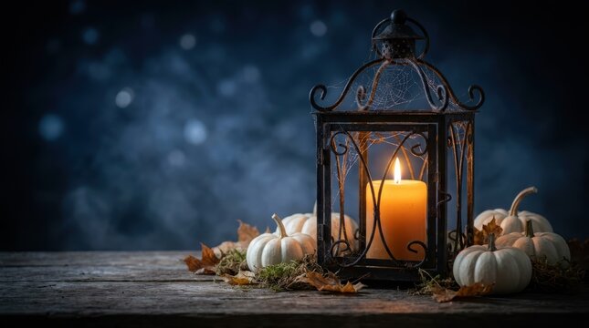 Cozy autumn lantern with glowing candle and white pumpkins on rustic wooden table at night.