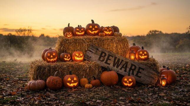 Halloween jack o lanterns glowing on hay bales with beware sign at sunset.