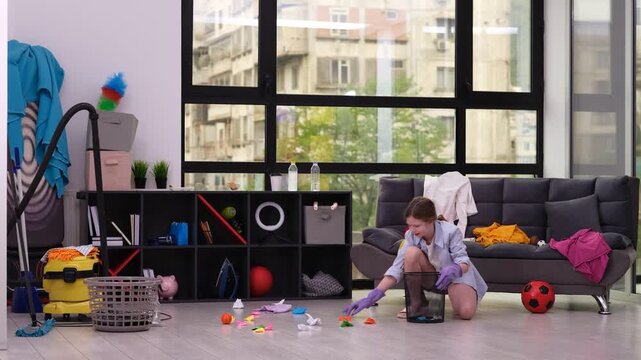 Responsible little girl collects crumpled pieces of paper from floor. Diligent teen child places wrinkled sheets of paper into special waste bin