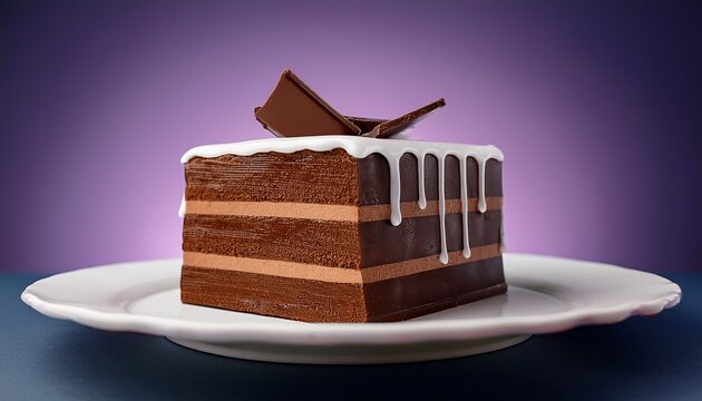Rich chocolate cake bar covered with glossy white cream coating on a stylish gradient background.
