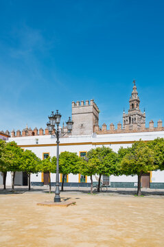 The Patio de Banderas, a charming square located within the historic Real Alcazar complex, Seville, Spain