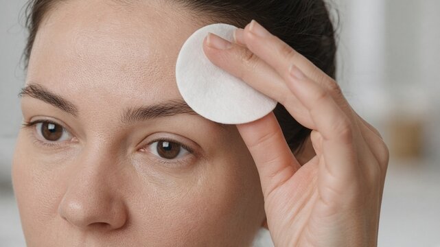Cotton pad toner sweep across forehead