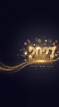 Golden 2027 numbers with sparkling particles, flowing glitter trails, and Happy New Year lettering on a dark festive background
