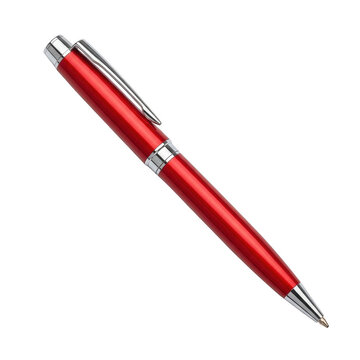 Shiny red ballpoint pen with silver metal details isolated on transparent background