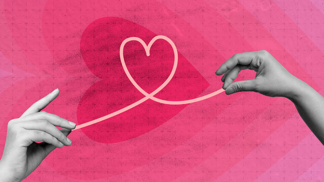 Two hands holding a pink string shaped like a heart against a pink background, symbolizing love, connection, and relationship. Love or romantic background