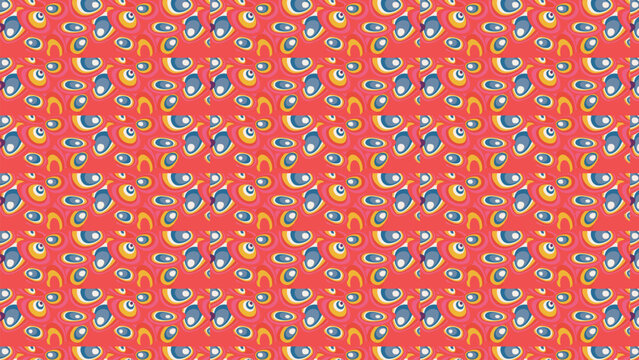 Colorful evil eye protection charms scatter pattern coral red background graphic design   