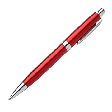 Shiny red ballpoint pen with silver metal accents isolated on transparent background