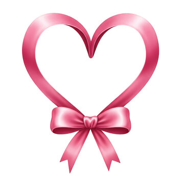 Pink silk ribbon heart shape with a decorative bow isolated on transparent background