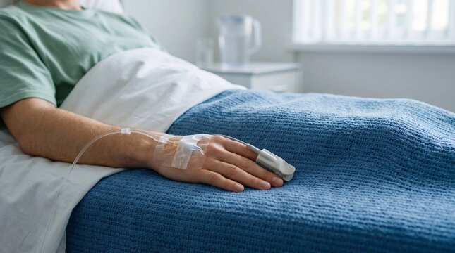 Patient arm with iv drip and pulse oximeter in hospital