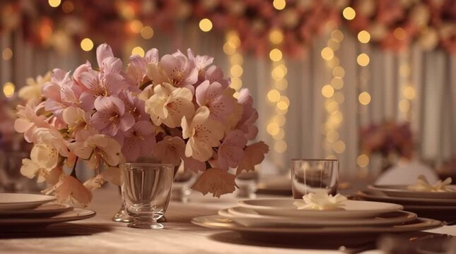 Elegant Wedding Banquet Table Setting with Pastel Pink Floral Centerpiece and Bokeh Lights ai generative