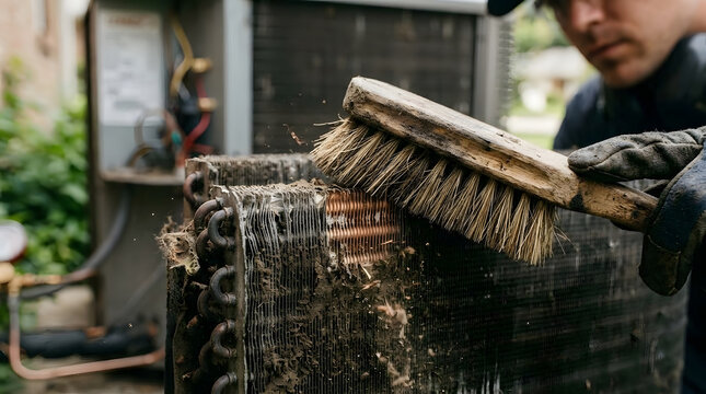 HVAC Technician Cleaning Outdoor Air Conditioner Coils With Stiff Brush | Professional AC Maintenance Service Cleaning Condenser Coils | Cleaning Dirty Air Conditioning Unit Coils For Better Efficienc