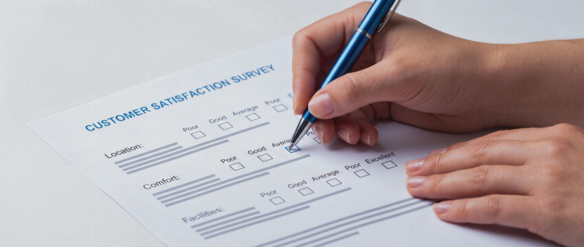 Customer satisfaction survey questionnaire evaluation filled with blue pen by professional at office desk