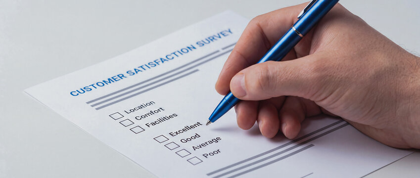 Detailed customer satisfaction survey review completed with a blue pen on white paper sheet on workplace desk