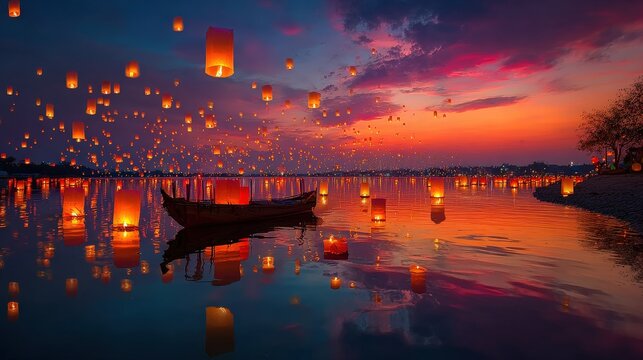Vesak Day floating lanterns on peaceful river at sunset