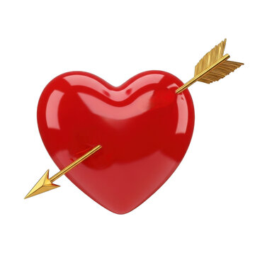 Shiny red heart pierced by a golden arrow isolated on transparent background
