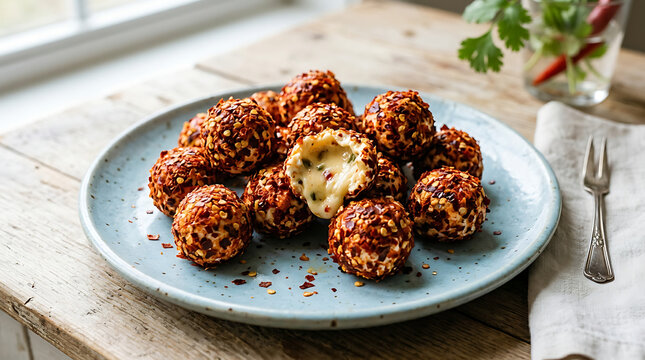 A plate of spicy cheese balls coated in chili flakes served on a rustic wooden table